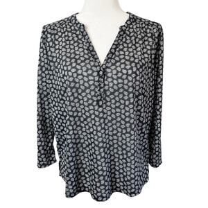 H&M Women's 1/4 Button Top Size S Gray Feather Print 3/4 Sleeve V-Neck High Low